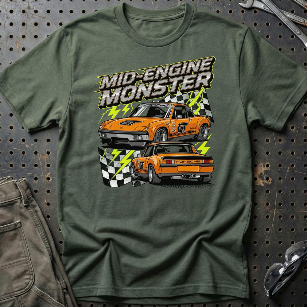 Porsche 914 T-Shirt – Mid-Engine Monster - Unisex T-Shirt-Beklædning-Porsche-Grøn Militær-S-Garage Culture Shop- garage - man cave - merchandise
