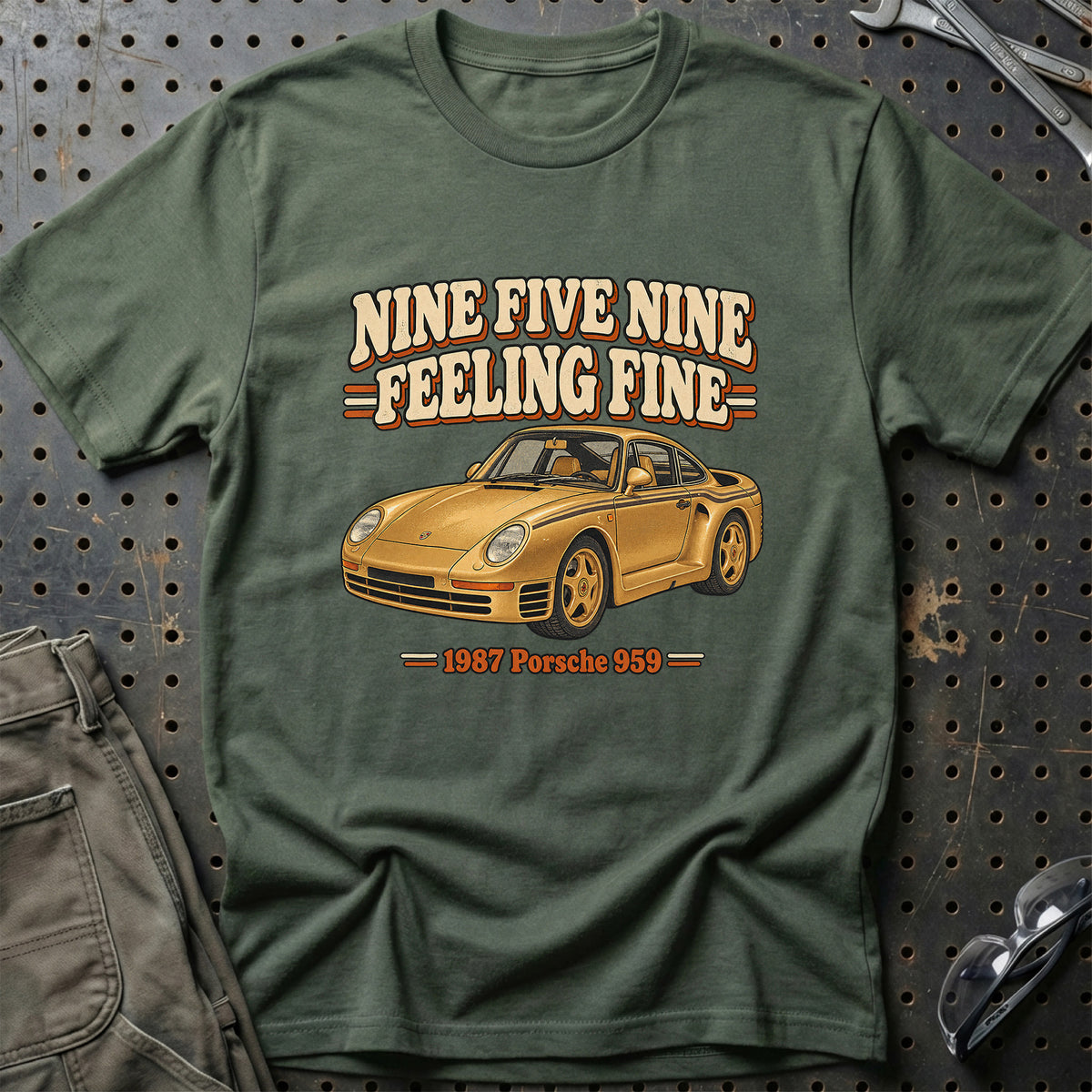 
Porsche 959 1987 – Nine Five Nine Feeling Fine T-Shirt – Grøn Militær