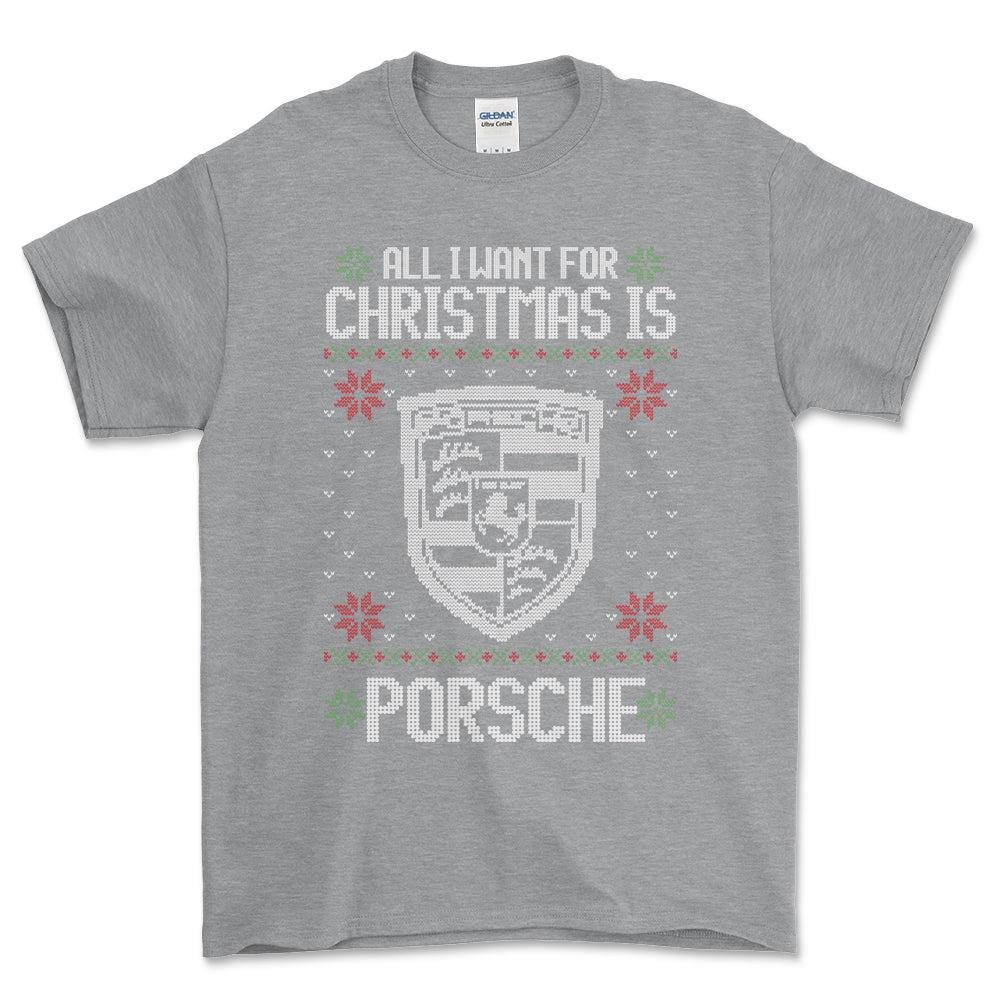 Porsche - All I Want For Christmas - Unisex T-Shirt , Bomuld-Beklædning-Porsche-Grå Sport-S-Forside-Garage Culture Shop- garage - man cave - merchandise