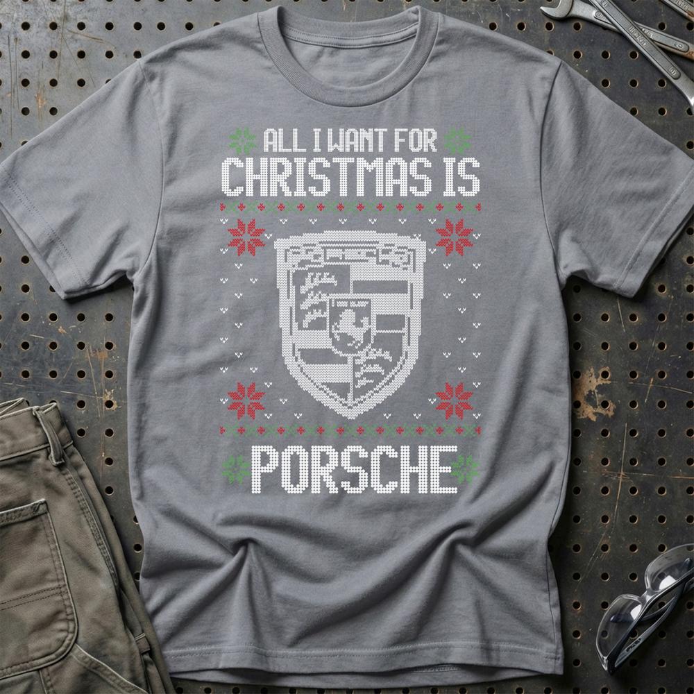 Porsche - All I Want For Christmas - Unisex T-Shirt , Bomuld-Beklædning-Porsche-Grå Sport-S-Garage Culture Shop- garage - man cave - merchandise