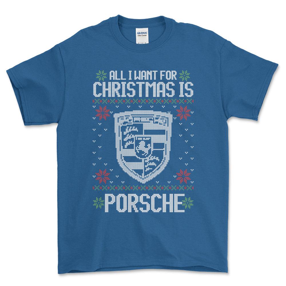 Porsche - All I Want For Christmas - Unisex T-Shirt , Bomuld-Beklædning-Porsche-Blå Royal-S-Forside-Garage Culture Shop- garage - man cave - merchandise