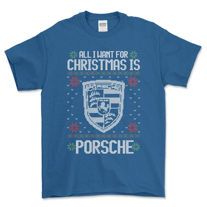 Porsche - All I Want For Christmas - Unisex T-Shirt , Bomuld-Beklædning-Porsche-Blå Royal-S-Forside-Garage Culture Shop- garage - man cave - merchandise