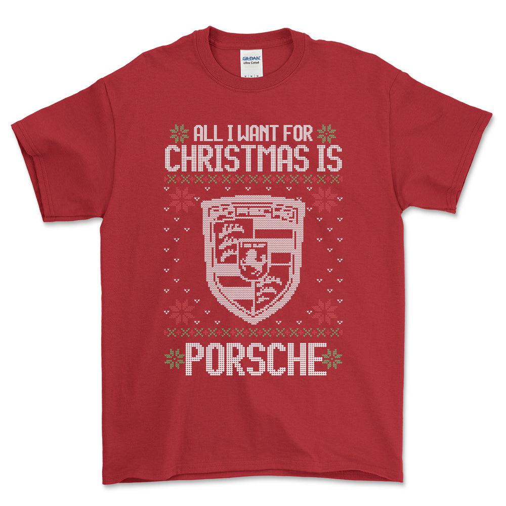 Porsche - All I Want For Christmas - Unisex T-Shirt , Bomuld-Beklædning-Porsche-Rød-S-Forside-Garage Culture Shop- garage - man cave - merchandise