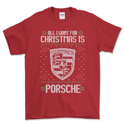 Porsche - All I Want For Christmas - Unisex T-Shirt , Bomuld-Beklædning-Porsche-Rød-S-Forside-Garage Culture Shop- garage - man cave - merchandise