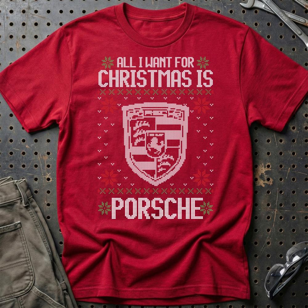 Porsche - All I Want For Christmas - Unisex T-Shirt , Bomuld-Beklædning-Porsche-Rød-S-Garage Culture Shop- garage - man cave - merchandise