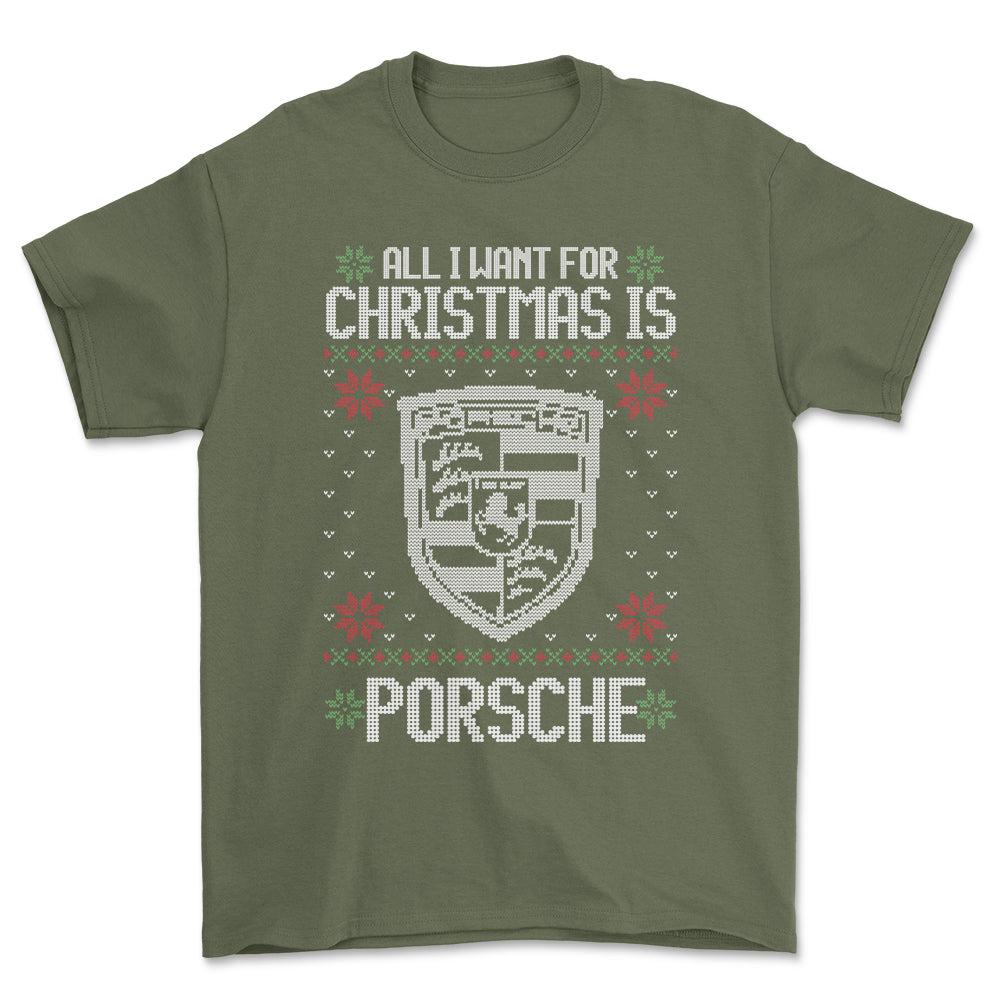 Porsche - All I Want For Christmas - Unisex T-Shirt , Bomuld-Beklædning-Porsche-Grøn Militær-S-Forside-Garage Culture Shop- garage - man cave - merchandise
