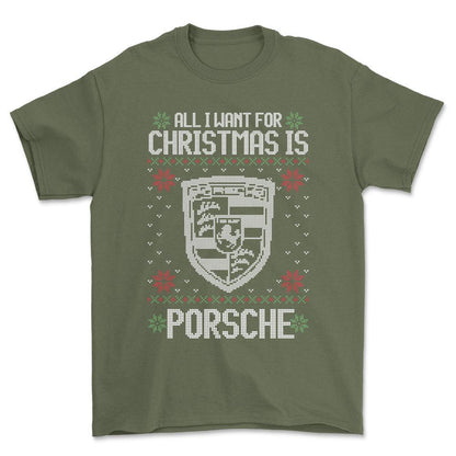 Porsche - All I Want For Christmas - Unisex T-Shirt , Bomuld-Beklædning-Porsche-Grøn Militær-S-Forside-Garage Culture Shop- garage - man cave - merchandise