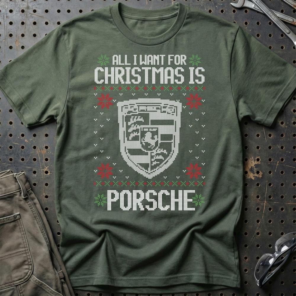 Porsche - All I Want For Christmas - Unisex T-Shirt , Bomuld-Beklædning-Porsche-Grøn Militær-S-Garage Culture Shop- garage - man cave - merchandise