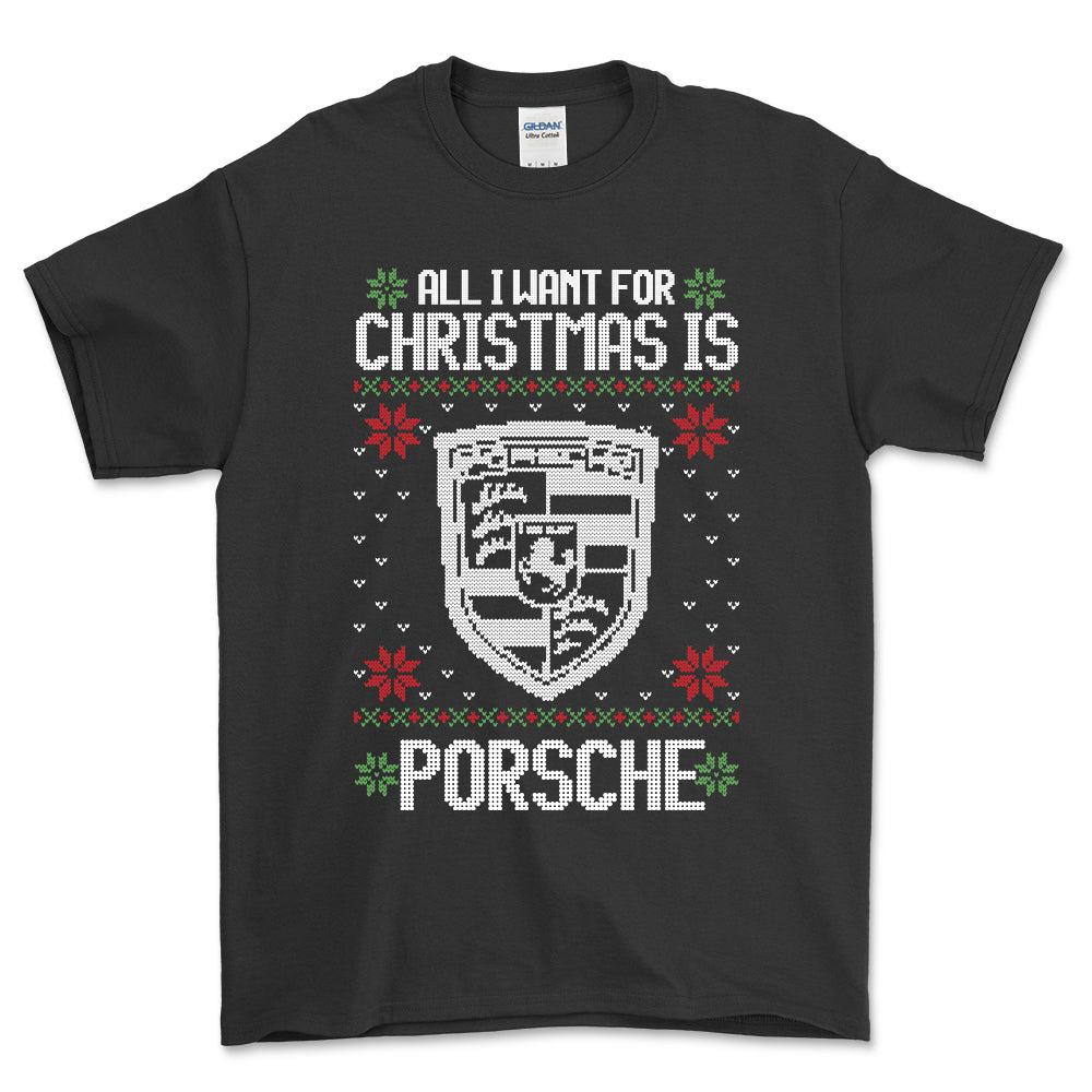 Porsche - All I Want For Christmas - Unisex T-Shirt , Bomuld-Beklædning-Porsche-Sort-S-Forside-Garage Culture Shop- garage - man cave - merchandise