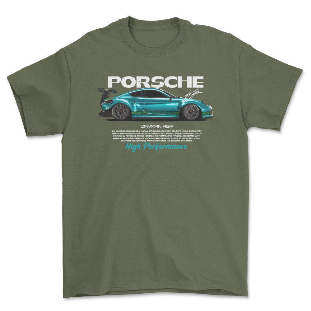 Porsche Cayman RSR - Unisex T-Shirt-Beklædning-Porsche-Grøn Militær-S-Forside-Garage Culture Shop- garage - man cave - merchandise