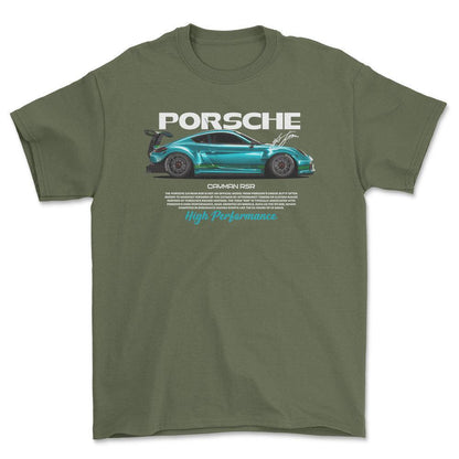 Porsche Cayman RSR - Unisex T-Shirt-Beklædning-Porsche-Grøn Militær-S-Forside-Garage Culture Shop- garage - man cave - merchandise