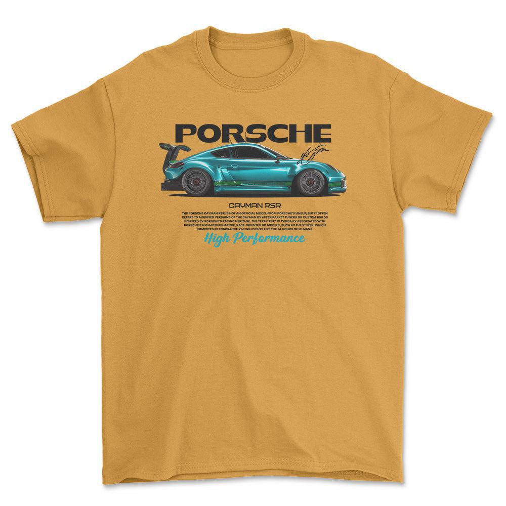 Porsche Cayman RSR - Unisex T-Shirt-Beklædning-Porsche-Guld-S-Forside-Garage Culture Shop- garage - man cave - merchandise