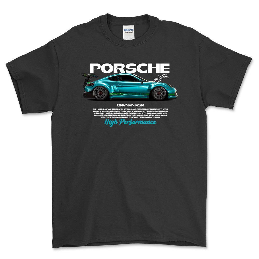 Porsche Cayman RSR - Unisex T-Shirt-Beklædning-Porsche-Sort-S-Forside-Garage Culture Shop- garage - man cave - merchandise