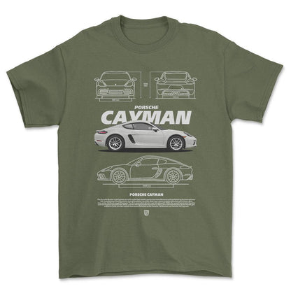 Porsche Cayman - Unisex T-Shirt-Beklædning-Porsche-Grøn Militær-S-Forside-Garage Culture Shop- garage - man cave - merchandise