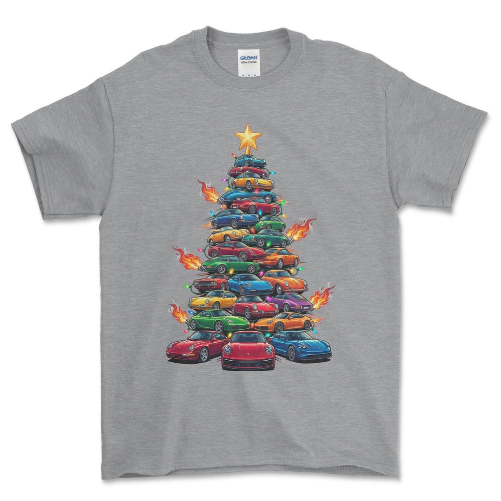 Porsche Juletræ Christmas Tree - Unisex T-Shirt-Beklædning-Porsche-Grå Sport-S-Forside-Garage Culture Shop- garage - man cave - merchandise