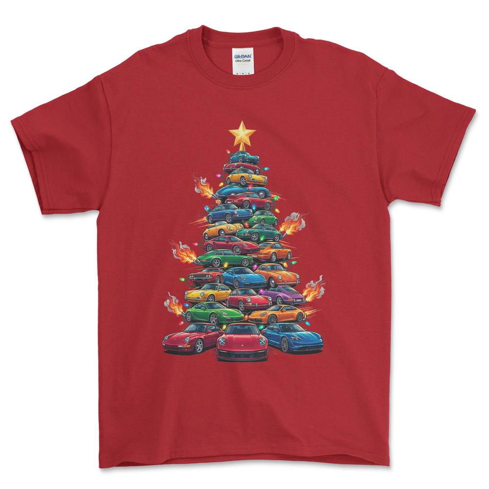 Porsche Juletræ Christmas Tree - Unisex T-Shirt-Beklædning-Porsche-Rød-S-Forside-Garage Culture Shop- garage - man cave - merchandise