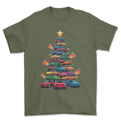 Porsche Juletræ Christmas Tree - Unisex T-Shirt-Beklædning-Porsche-Grøn Militær-S-Forside-Garage Culture Shop- garage - man cave - merchandise