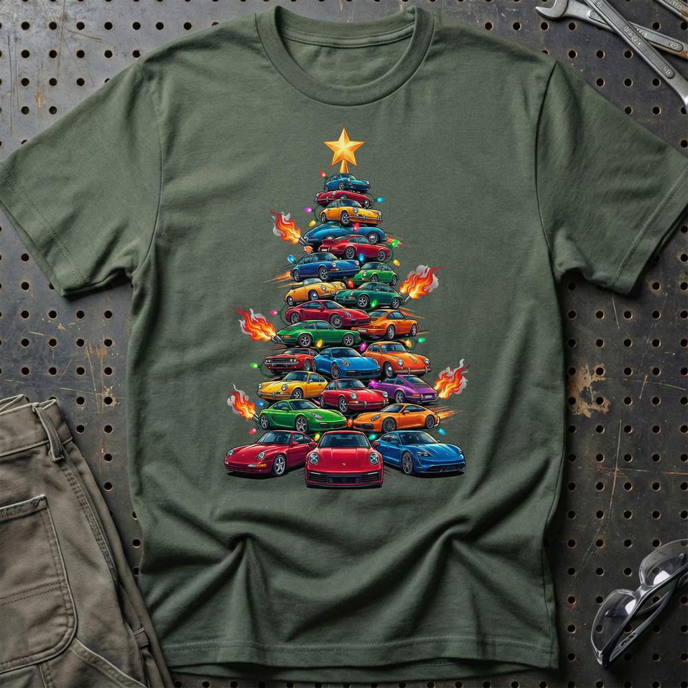Porsche Juletræ Christmas Tree - Unisex T-Shirt-Beklædning-Porsche-Grøn Militær-S-Garage Culture Shop- garage - man cave - merchandise