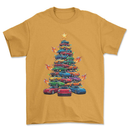 Porsche Juletræ Christmas Tree - Unisex T-Shirt-Beklædning-Porsche-Guld-S-Forside-Garage Culture Shop- garage - man cave - merchandise