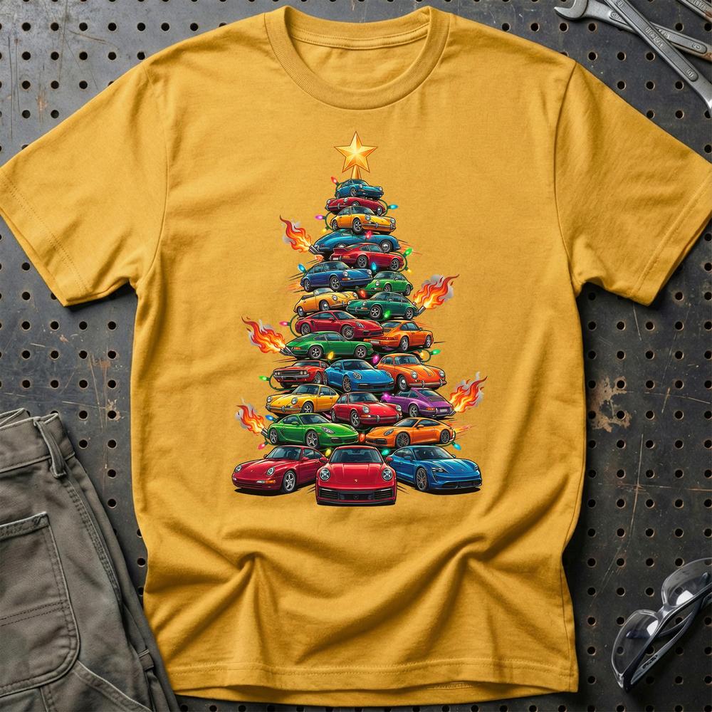 Porsche Juletræ Christmas Tree - Unisex T-Shirt-Beklædning-Porsche-Guld-S-Garage Culture Shop- garage - man cave - merchandise