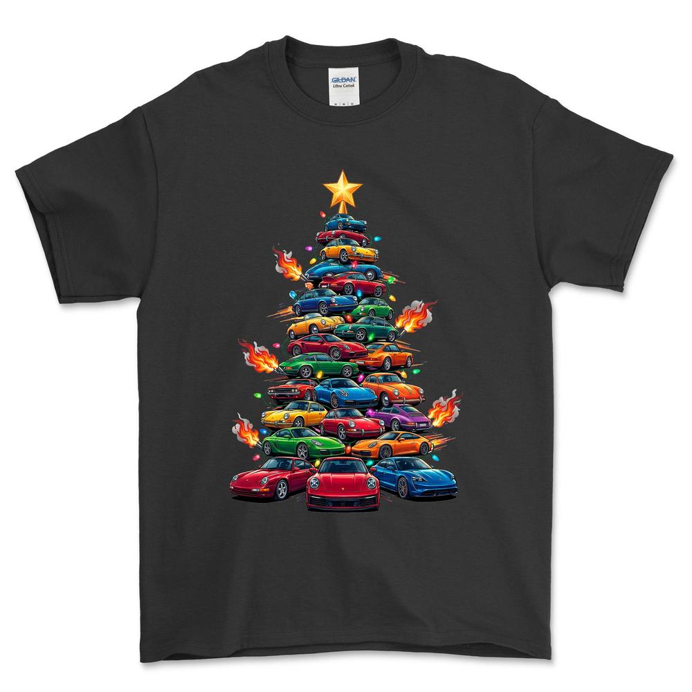 Porsche Juletræ Christmas Tree - Unisex T-Shirt-Beklædning-Porsche-Sort-S-Forside-Garage Culture Shop- garage - man cave - merchandise