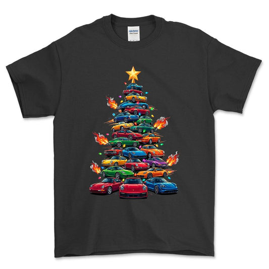 Porsche Juletræ Christmas Tree - Unisex T-Shirt-Beklædning-Porsche-Sort-S-Forside-Garage Culture Shop- garage - man cave - merchandise
