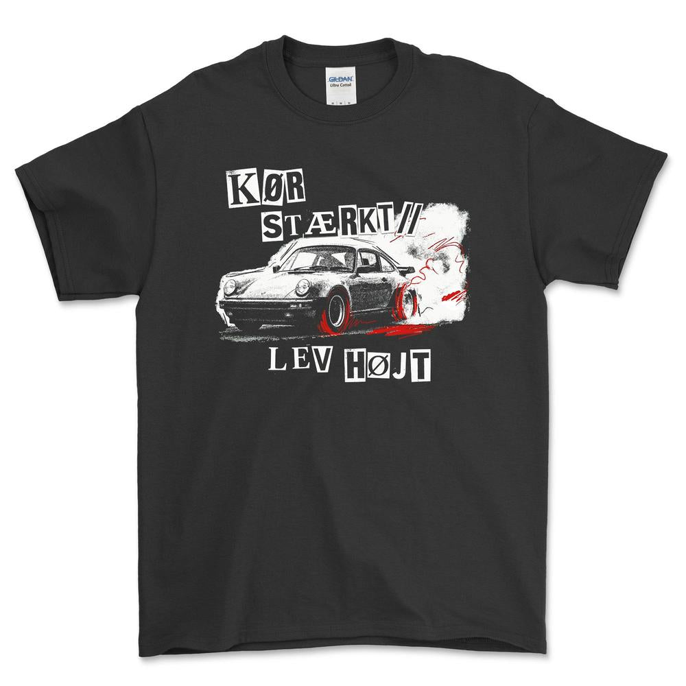 Porsche Kør Stærkt Lev Højt T-Shirt-Beklædning-Porsche-Sort-S-Garage Culture Shop- garage - man cave - merchandise