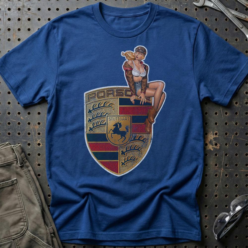 Porsche Pinup T-Shirt-Beklædning-Porsche-Blå Royal-S-Garage Culture Shop- garage - man cave - merchandise