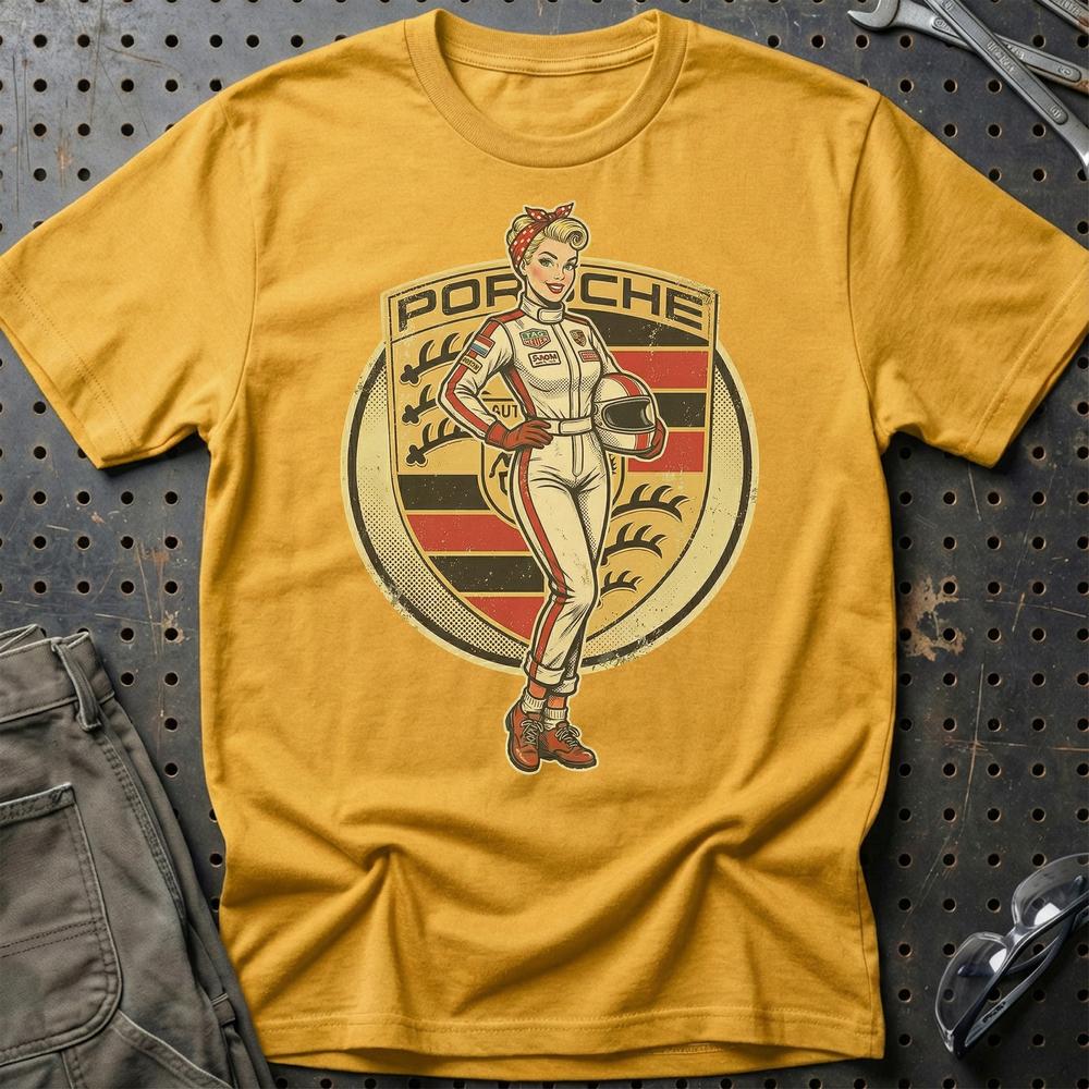 Porsche Pinup T-Shirt-Beklædning-Porsche-Guld-S-Garage Culture Shop- garage - man cave - merchandise