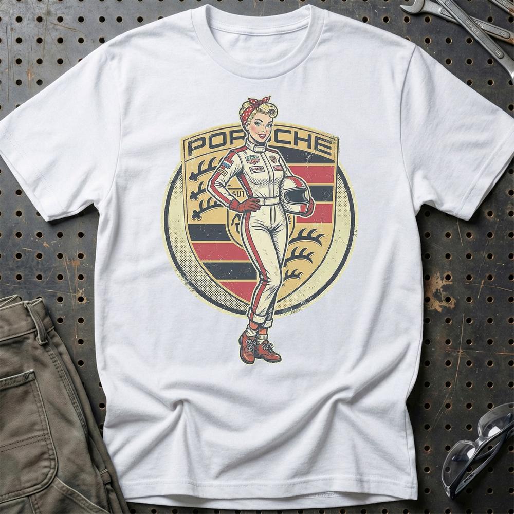 Porsche Pinup - Unisex T-Shirt , Bomuld-Beklædning-Porsche-Hvid-S-Garage Culture Shop- garage - man cave - merchandise