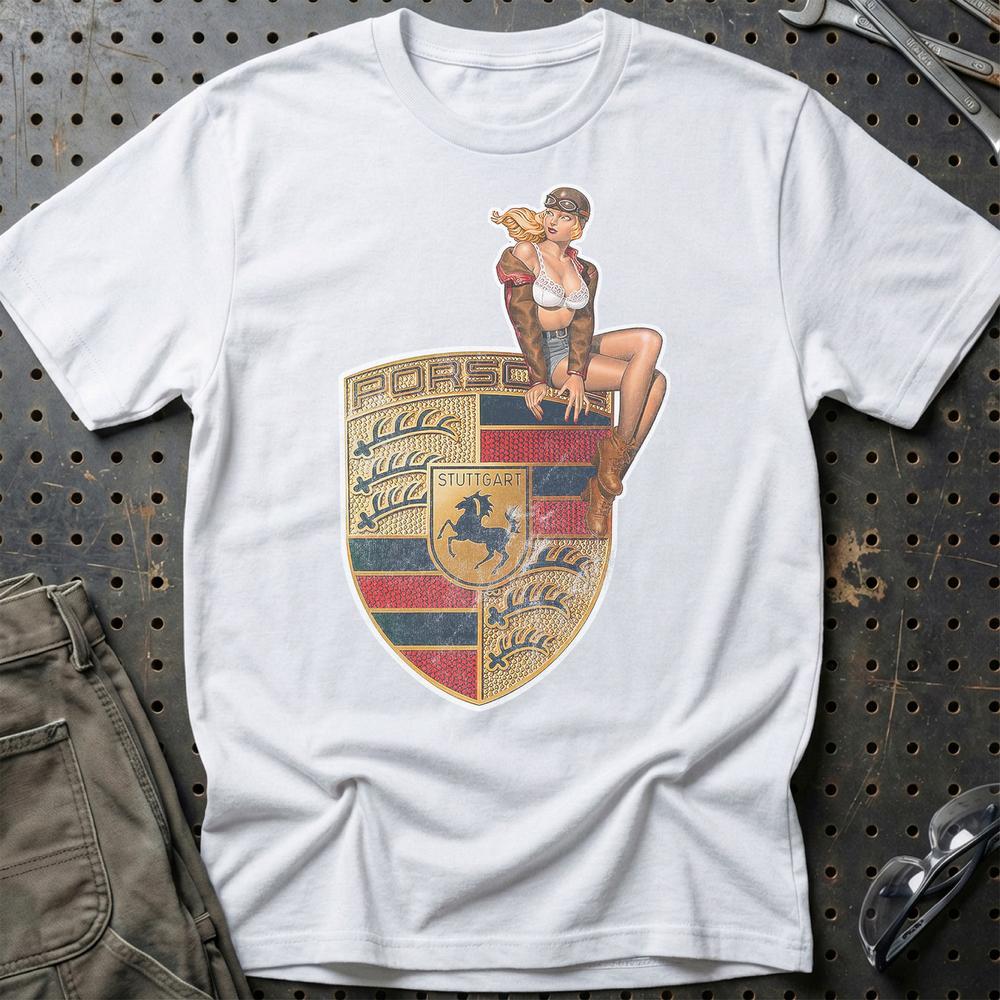 Porsche Pinup - Unisex T-Shirt , Bomuld-Beklædning-Porsche-Hvid-S-Garage Culture Shop- garage - man cave - merchandise