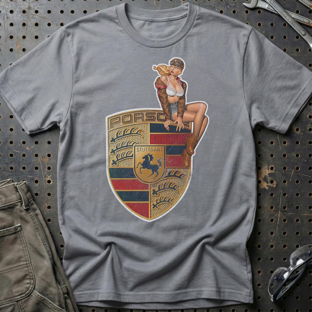Porsche Pinup - Unisex T-Shirt , Bomuld-Beklædning-Porsche-Grå Sport-S-Garage Culture Shop- garage - man cave - merchandise