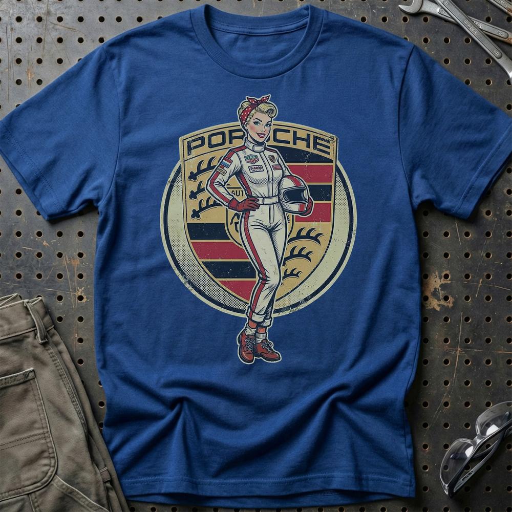 Porsche Pinup - Unisex T-Shirt , Bomuld-Beklædning-Porsche-Blå Royal-S-Garage Culture Shop- garage - man cave - merchandise