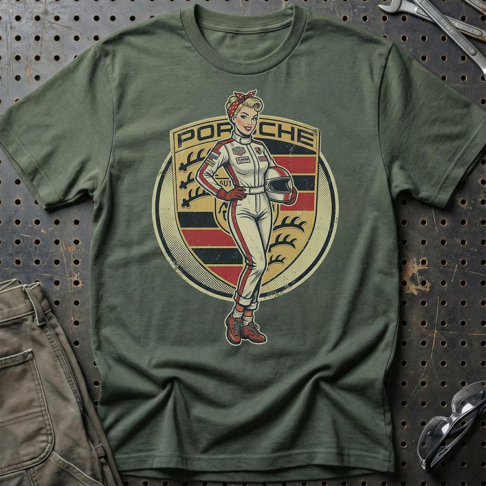 Porsche Pinup - Unisex T-Shirt , Bomuld-Beklædning-Porsche-Grøn Militær-S-Garage Culture Shop- garage - man cave - merchandise