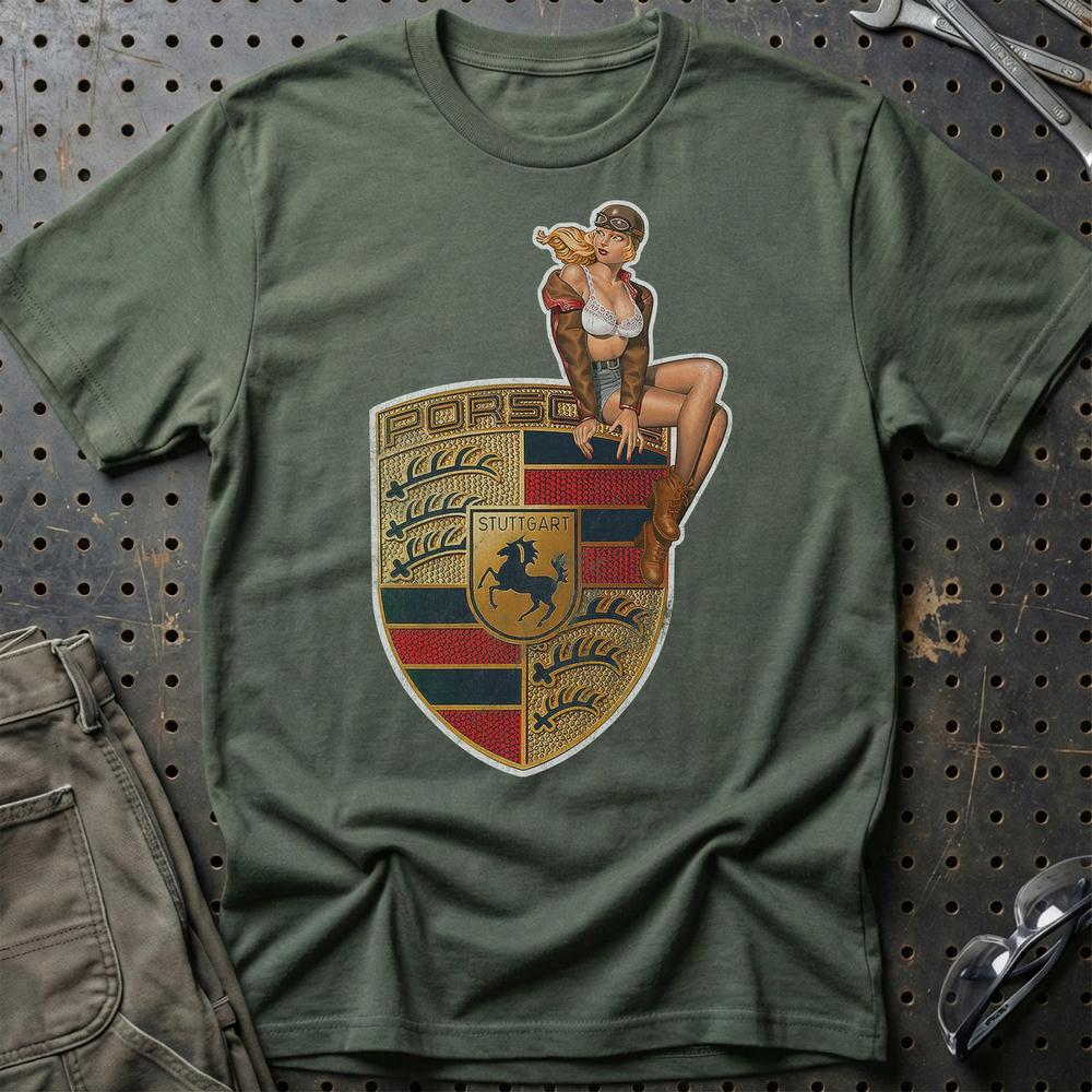 Porsche Pinup - Unisex T-Shirt , Bomuld-Beklædning-Porsche-Grøn Militær-S-Garage Culture Shop- garage - man cave - merchandise