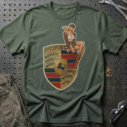 Porsche Pinup - Unisex T-Shirt , Bomuld-Beklædning-Porsche-Grøn Militær-S-Garage Culture Shop- garage - man cave - merchandise