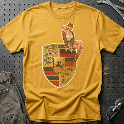 Porsche Pinup - Unisex T-Shirt , Bomuld-Beklædning-Porsche-Guld-S-Garage Culture Shop- garage - man cave - merchandise