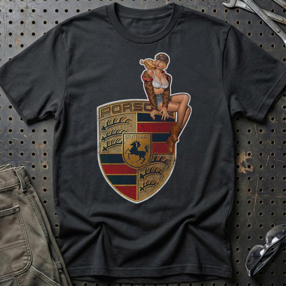 Porsche Pinup - Unisex T-Shirt , Bomuld-Beklædning-Porsche-Sort-S-Garage Culture Shop- garage - man cave - merchandise