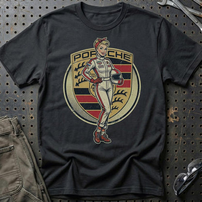 Porsche Pinup - Unisex T-Shirt , Bomuld-Beklædning-Porsche-Sort-S-Garage Culture Shop- garage - man cave - merchandise