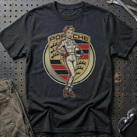 Porsche Pinup - Unisex T-Shirt , Bomuld-Beklædning-Porsche-Sort-S-Garage Culture Shop- garage - man cave - merchandise