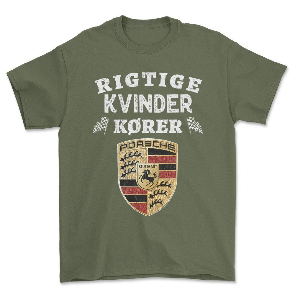 Porsche Rigtige Kvinder Kører - Unisex T-Shirt , Bomuld-Beklædning-Porsche-Grøn Militær-S-Forside-Garage Culture Shop- garage - man cave - merchandise