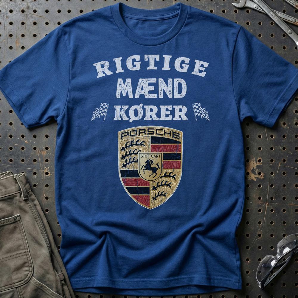 Porsche Rigtige Mænd Kører - Unisex T-Shirt , Bomuld-Beklædning-Porsche-Blå Royal-S-Garage Culture Shop- garage - man cave - merchandise