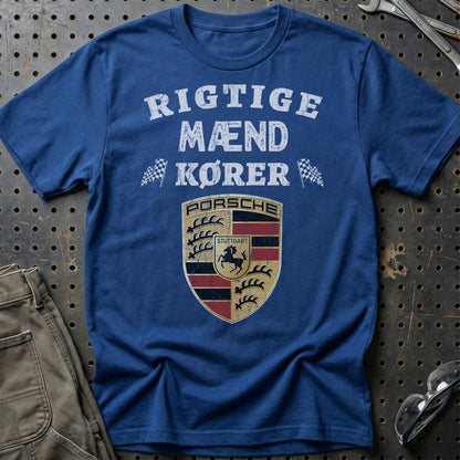 Porsche Rigtige Mænd Kører - Unisex T-Shirt , Bomuld-Beklædning-Porsche-Blå Royal-S-Garage Culture Shop- garage - man cave - merchandise