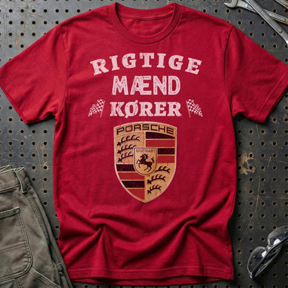 Porsche Rigtige Mænd Kører - Unisex T-Shirt , Bomuld-Beklædning-Porsche-Rød-S-Garage Culture Shop- garage - man cave - merchandise