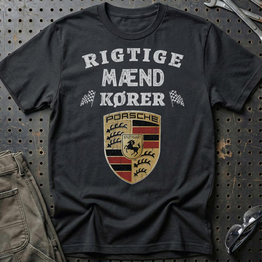 Porsche Rigtige Mænd Kører - Unisex T-Shirt , Bomuld-Beklædning-Porsche-Sort-S-Garage Culture Shop- garage - man cave - merchandise