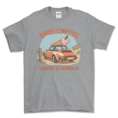 Porsche Søndagstur – Benzin & Vaffelis - Unisex T-Shirt-Beklædning-Porsche-Grå Sport-S-Garage Culture Shop- garage - man cave - merchandise