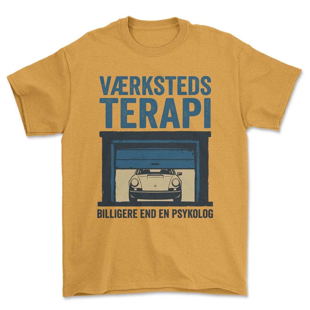 Porsche Værksteds Terapi T-Shirt-Beklædning-Porsche-Guld-S-Garage Culture Shop- garage - man cave - merchandise