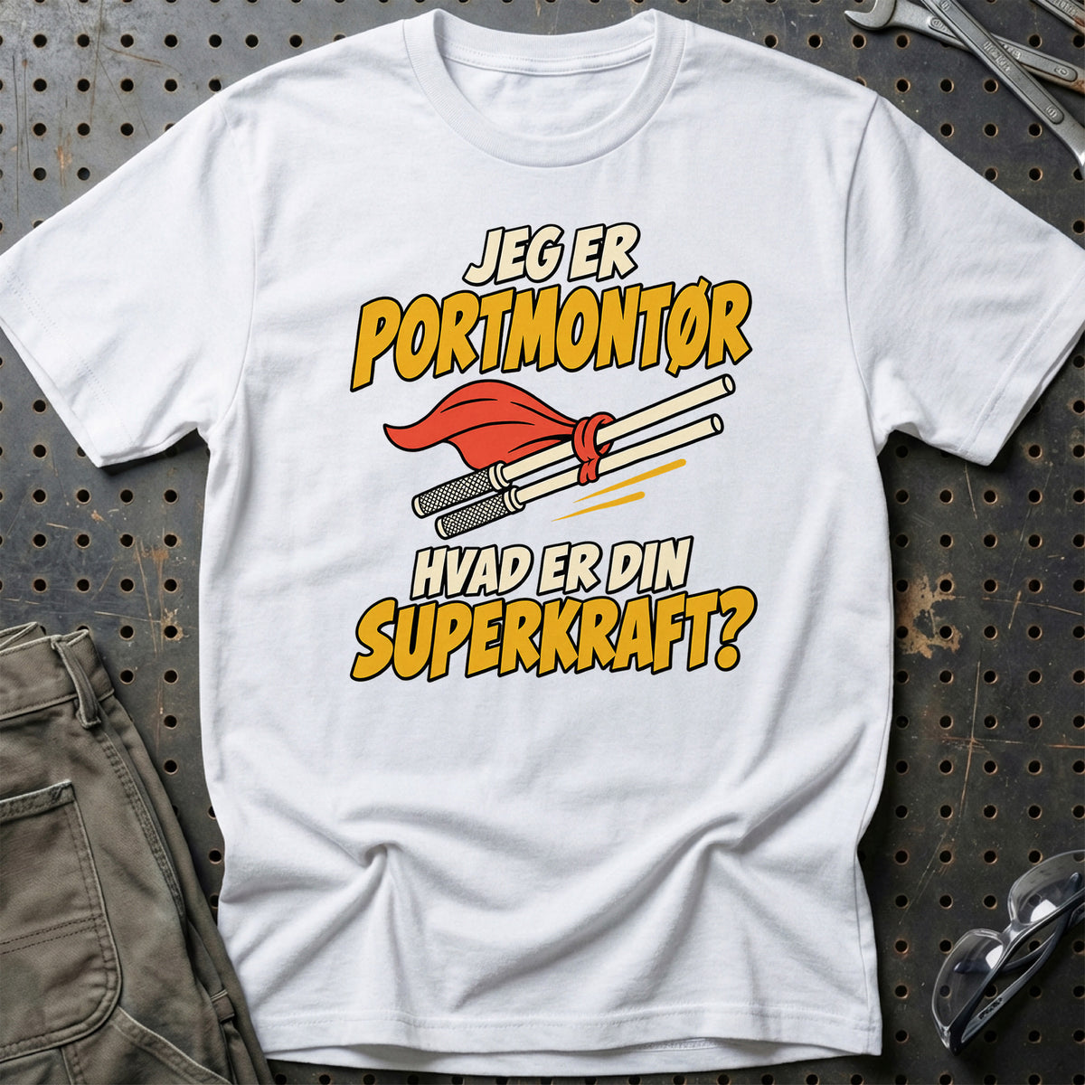 
Portmontør – Hvad er din superkraft? – Unisex T-Shirt – Hvid