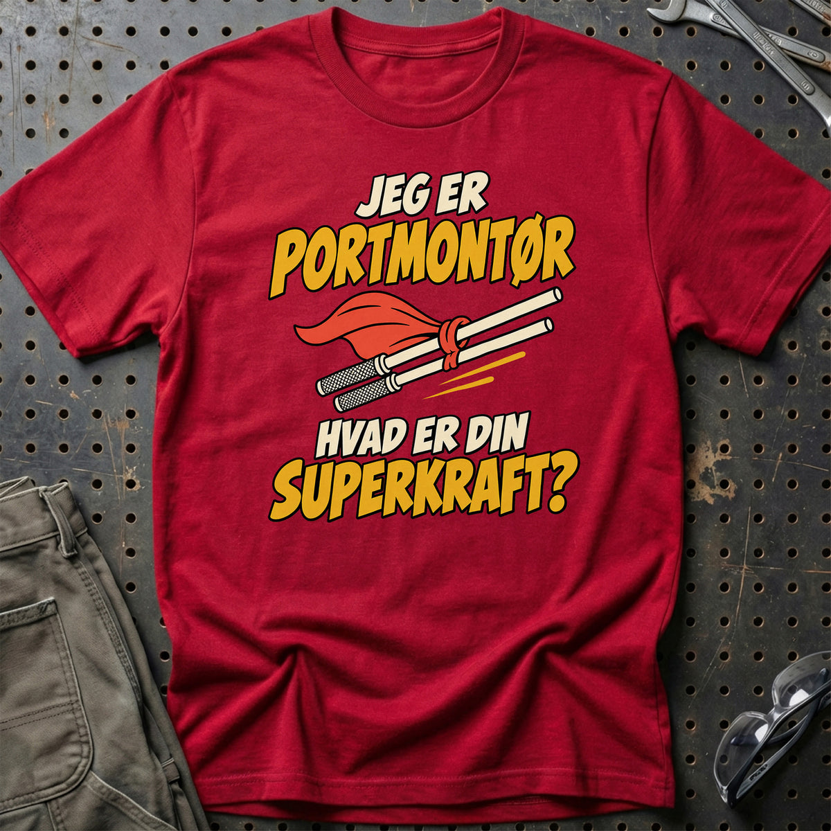 
Portmontør – Hvad er din superkraft? – Unisex T-Shirt – Rød