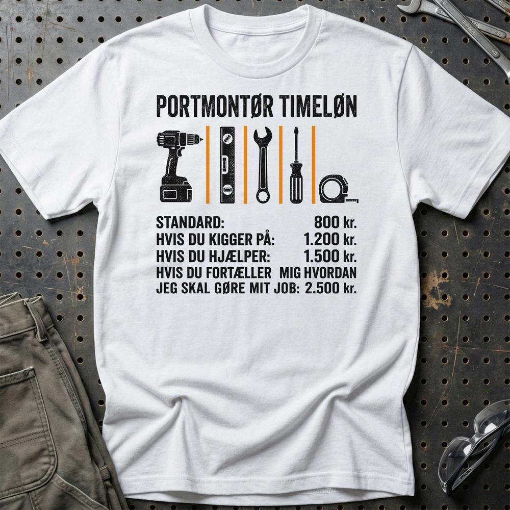 Portmontør Timeløn - Unisex T-Shirt , Bomuld-Beklædning-Garage Culture-Hvid-S-Garage Culture Shop- garage - man cave - merchandise